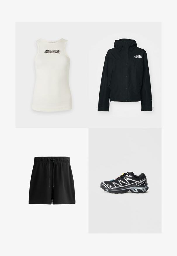 Czarna wodoodporna kurtka z kapturem, z zatrzaskami, elastycznymi mankietami i białym logo na górnej lewej stronie. Gładka tekstura.; Kremowy top na ramiączkach wykonany z materiału w prążki, z czarnym i srebrnym napisem ozdobnym "MUSE" z przodu.; Czarne szorty z miękkiego materiału, z elastycznym pasem w talii i sznurkiem do regulacji, kieszeniami bocznymi oraz prostym, eleganckim wzornictwem.; Czarne buty biegowe z srebrnymi akcentami, materiał GORE-TEX, teksturowana podeszwa i kolorowe sznurówki. Posiadają wyściełany obcas dla wsparcia.