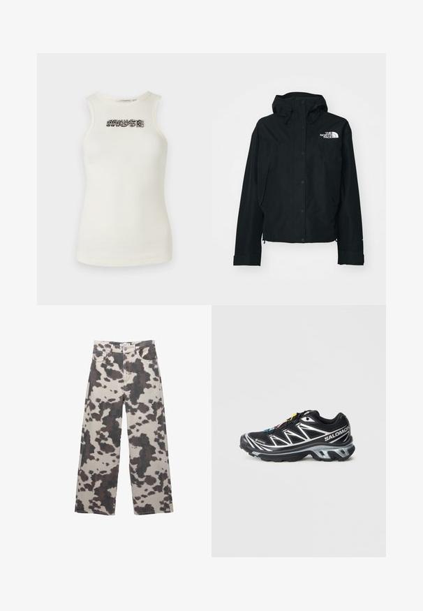 Fekete vízálló dzseki kapucnival, patent gombokkal, rugalmas mandzsettával, és egy fehér logóval a bal felső oldalon. Simább textúra.; Vajszínű, ribbed anyagból készült ujjatlan póló, amelyen fekete és ezüst gyöngyökkel díszített felirat található, a "MUSE" szóval az elején.; Bézs színű, széles szabású farmernadrág barna tehénmintával. Gombos záródással és öt zsebes kialakítással rendelkezik. Denim szövetből készült.; Fekete futócipő ezüst kiegészítőkkel, GORE-TEX anyagból, struktúrált talppal és színes fűzőkkel. Párnázott sarokkal rendelkezik a támasz érdekében.