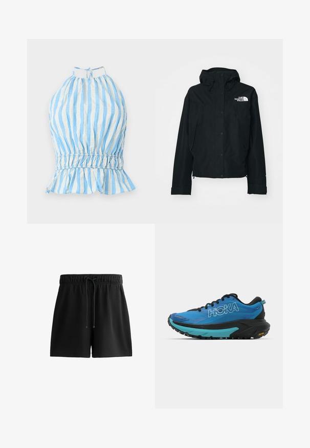 Black waterproof jacket with a hood, featuring snap buttons, elastic cuffs, and a white logo on the upper left side. Smooth texture.; Blue and white striped halter top with gathered bodice, elasticated waist, and ruffled hem. Made of lightweight fabric with a textured finish.; Black shorts made of soft material, featuring an elastic waistband with a drawstring, side pockets, and a simple, streamlined design.; Blue running shoes with black accents, featuring a textured upper, padded collar, and a thick black and turquoise midsole with Vibram outsole.