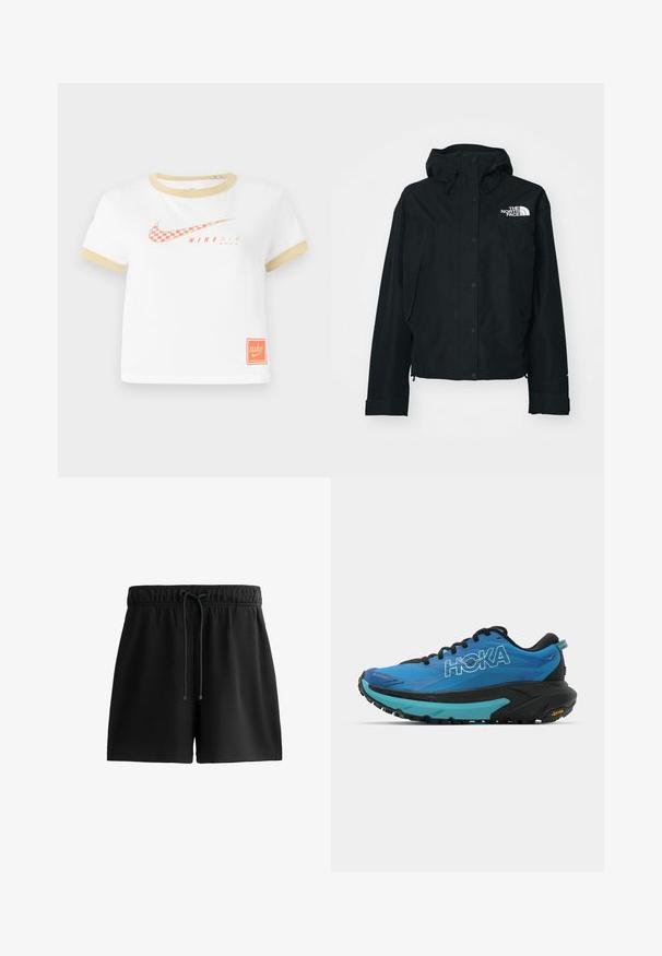 Černá voděodolná bunda s kapucí, vybavená patentkami, elastickými manžetami a bílým logem na horní levé straně. Hladký povrch.; Bílý tričko s kultivovaným zlatým lemováním, které má červenou kostkovanou Nike swoosh logo, text "NIKE AIR" a malou oranžovou Nike etiketu na lemu.; Černé kraťasy vyrobené z měkkého materiálu, s elastickým pasem a šňůrkou, bočními kapsami a jednoduchým, uhlazeným designem.; Modré běžecké boty s černými akcenty, s texturovaným svrškem, polstrovaným límcem a silnou černou a tyrkysovou mezipodešví s podešví Vibram.