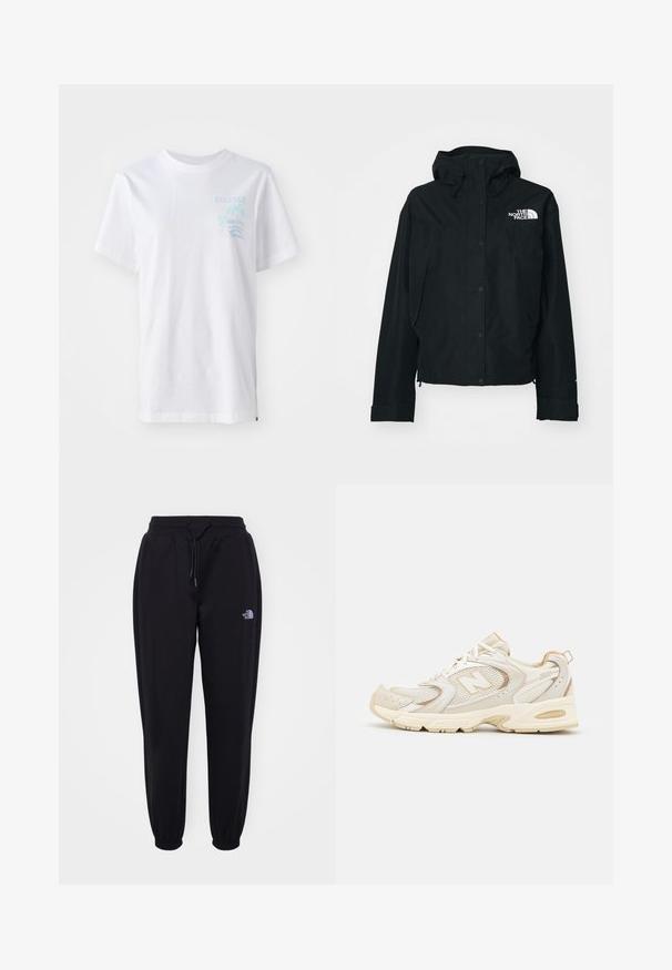 Black waterproof jacket with a hood, featuring snap buttons, elastic cuffs, and a white logo on the upper left side. Smooth texture.; White cotton t-shirt with short sleeves, featuring a light blue graphic of a palm tree and waves on the left chest area.; Black jogger pants with elastic waistband and cuffs, drawstring tie, side pockets, and small white The North Face logo on the right thigh.; Beige athletic shoes with mesh and synthetic overlays, featuring a textured surface, padded collar, and "ABZORB" cushioning at the heel.