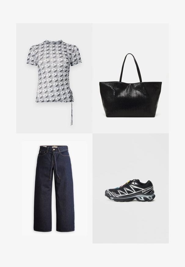Svart vanntett jakke med hette, med trykknapper, elastiske mansjetter og en hvit logo på øvre venstre side. Glatt tekstur.; Kortermet, tettsittende topp med et geometrisk svart-hvitt mønster, som har "HUGO"-merkevare og snøring på siden for justering.; Viddeben mørkeblå denim jeans med høy midje, som har snøring, fem lommer og kontraststing.; Svart løpesko med sølvfarger, GORE-TEX-materiale, teksturert såle og fargerike lisser. Har en polstret hæl for støtte.; Svart vevd tote-veske med to solide håndtak, med en blank tekstur og et romslig design med åpen topp.