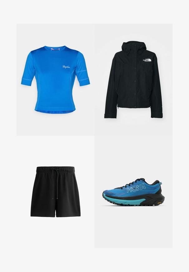 Fekete vízálló dzseki kapucnival, patent gombokkal, rugalmas mandzsettával, és egy fehér logóval a bal felső oldalon. Simább textúra.; Rövid ujjú kerékpáros mez élénk kék színű anyagból, sima textúrával. Jellemzői közé tartozik a kerek nyak és az elülső oldalon található fehér "Rapha." logó.; Fekete, puha anyagból készült rövidnadrág, elastikus derékkal és zsinórral, oldalsó zsebekkel és egyszerű, letisztult dizájnnal.; Kék futócipők fekete kiegészítőkkel, texturált felsőrésszel, párnázott nyakkal, és vastag fekete és türkiz középtalppal, Vibram talppal.