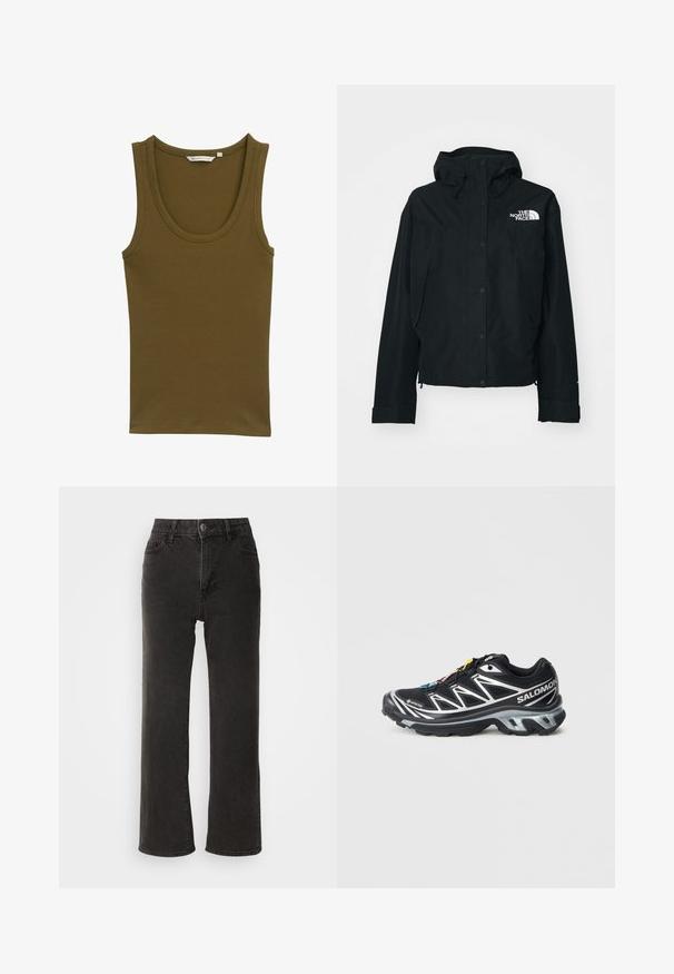 Crna vodootporna jakna s kapuljačom, koja ima dugmad za kopčanje, elastične rukave i bijeli logotip na gornjoj lijevoj strani. Glatka tekstura.; Maslinasto zeleni top bez rukava od rebrastog materijala, s okruglim izrezom i širokim naramenicama, ravnog rubnog kroja bez dodatnih detalja.; Crne široke traperice, izrađene od denima, s prednjim zatvaranjem na dugme, petljicama za pojas i pet džepova, s malo izblijedjelim dezenom.; Crne trkačke tenisice sa srebrnim akcentima, GORE-TEX materijalom, teksturiranom potplatom i šarenim vezicama. Imaju jastučić na peti za podršku.