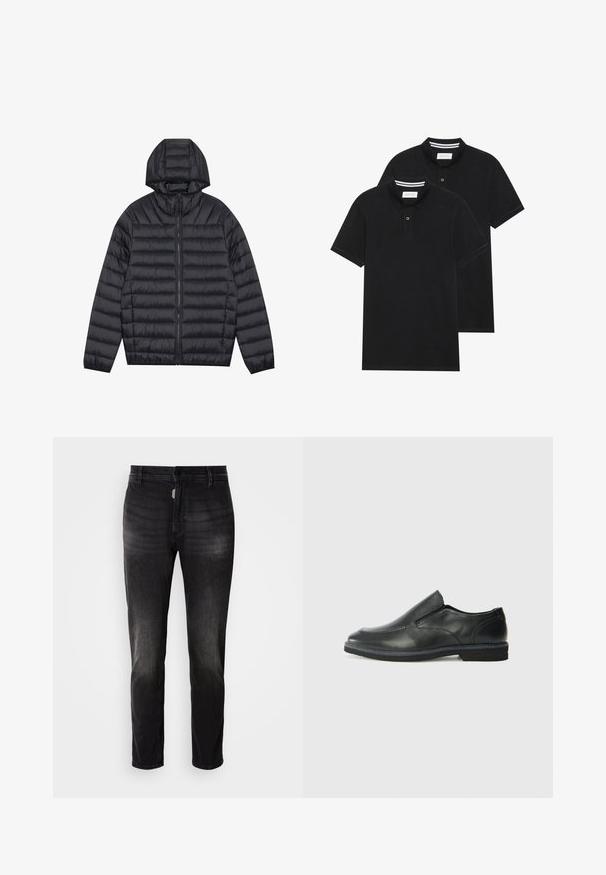 Black lightweight puffer jacket with horizontal quilting, full front zipper, side pockets, elastic cuffs, and attached hood.; Two black polo shirts, short-sleeved, cotton material, featuring a classic collar, two-button placket, and white striped accents inside the collar.; Black denim jeans with a straight cut, featuring a button fly, five pockets, and subtle fading in the fabric texture.; Black leather slip-on shoe with a smooth upper, stitched accents, rounded toe, and a low rubber heel. Sole features minimal tread.