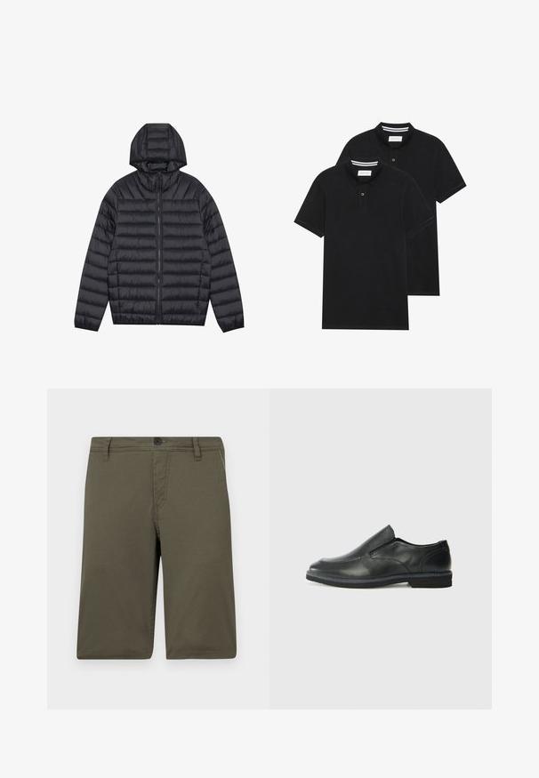 Svart lett pufferjakke med horisontal quilt, hel glidelås foran, sidelommer, elastiske mansjetter og festet hette.; To svarte polo skjorter, kortermet, i bomullsmateriale, med krage i klassisk stil, to-knapps knappestolpe, og hvite striper inni kragen.; Kaki shorts laget av slitesterkt stoff med flat foran, beltehansker og knappelukking; har to sidelommer og pent søm.; Sorte skinn slip-on sko med en jevn overflate, stikking detaljer, rund tå og en lav gummihæl. Sålen har minimal mønstring.