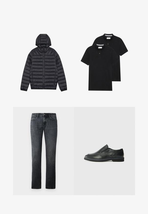 Casaco puffer leve e preto com acolchoamento horizontal, fecho frontal total, bolsos laterais, punhos elásticos e capuz fixo.; Duas camisetas polo pretas, de manga curta, em material de algodão, com colarinho clássico, abertura com dois botões e detalhes em riscas brancas no interior do colarinho.; Jeans retos cinza escuro feitos de denim, apresentando um design clássico de cinco bolsos e um fecho de botão na cintura.; Sapato slip-on preto em pele com um upper liso, acabamentos cosidos, bico arredondado e um salto de borracha baixo. A sola apresenta um padrão de aderência mínimo.