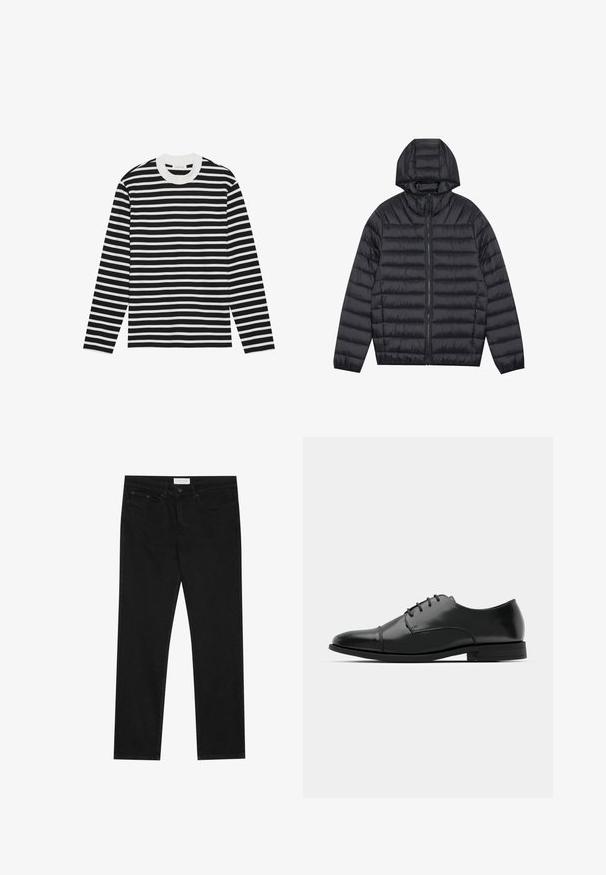 Casaco puffer leve e preto com acolchoamento horizontal, fecho frontal total, bolsos laterais, punhos elásticos e capuz fixo.; Sweater de mangas compridas com riscas horizontais pretas e brancas, gola redonda e punhos canelados. Tecido macio com um corte clássico.; Jeans pretos de perna reta com design de cinco bolsos, fecho com botão e zíper, e uma etiqueta da marca Pier One na cintura.; Sapatilha de pele preta com biqueira arredondada, design de atacadores, detalhes de costura sutis e um salto baixo. Textura suave com acabamento polido.