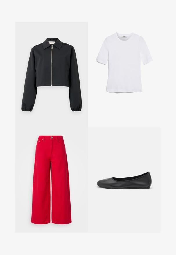 Giacca nera corta realizzata in tessuto liscio, dotata di colletto, chiusura frontale con zip e polsini elasticizzati. Design semplice senza motivi.; T-shirt bianca a maniche corte realizzata in tessuto a costine. Collo rotondo, vestibilità regolare e dettagli di cucitura sottili. Senza motivi o grafiche.; Pantaloni larghi rossi in cotone con una superficie liscia, dotati di vita alta, chiusura con bottone e due tasche frontali.; Pantofole da balletto nere in pelle con punta arrotondata, texture liscia, dettagli di cucitura minimi e design con suola flessibile.