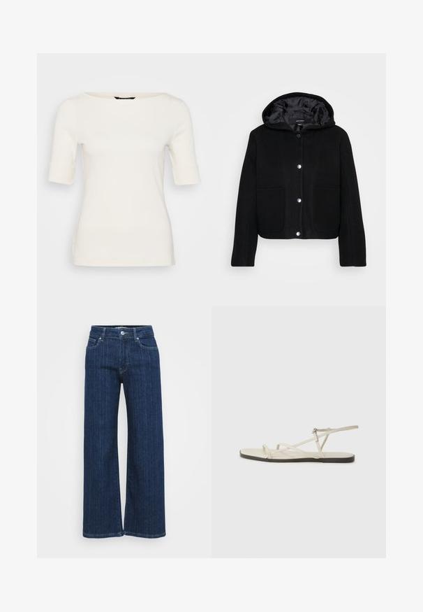 Mustat lyhyt hihaton takki etupuolen nappeilla, joissa on kaksi suurta etutaskua ja sileä vuori.; Valkoinen, istuva t-paita, jossa on veneen pääntie ja puolipitkät hihat, jotka on käännetty hihansuissa, valmistettu sileästä kankaasta.; Tummansiniset leveät farkut, joissa on denim-kangas, keskikorkea vyötärö, kaksi etutaskua ja ommeltua yksityiskohtaa saumoissa.; Beige litte sandaalit, joissa on useita hoikkia hihnoja ja säädettävä solki. Pohja on litteä, ja reunassa on kevyt tumma kontrasti.