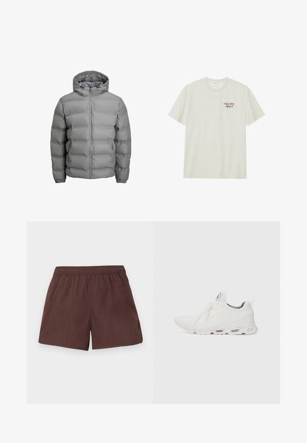 Szürke puffernadrág kapucnival, elülső cipzárral, elasztikus mandzsettákkal és vízszintes steppelt mintázattal a hőszigetelés érdekében.; Világos krémszínű pamut póló rövid ujjakkal. Kis kék és piros grafikával rendelkezik, amelyen egy marlin és a "MARLIN TROPHY" szöveg látható.; Barna rövidnadrág, elasztikus derékpánttal és sima, könnyű anyagból készült. Egyszerű dizájnnal rendelkezik, nincsenek minták vagy látható fémrészletek.; Fehér sportcipők, texturált kötött felsőrésszel, lapos fűzőkkel és párnázott talppal, amely látható légkamrákkal rendelkezik a megerősített kényelem érdekében.