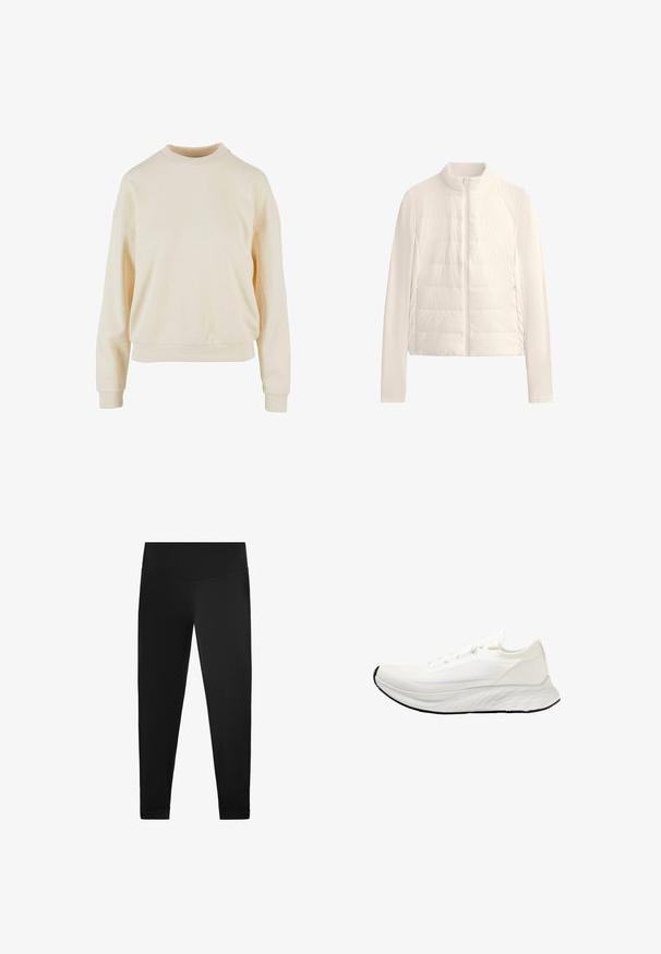 Giacca imbottita di colore crema, con collo alto, zip frontale completa e maniche a coste. Realizzata in materiale leggero e liscio con texture trapuntata.; Sweatshirt crema a girocollo con maniche lunghe, vestibilità comoda, polsini a coste e una texture liscia, che mette in evidenza la semplicità nel design.; Leggings neri realizzati in tessuto liscio e elasticizzato. Design a vita alta con dettagli alle caviglie e senza motivi o hardware visibili.; Scarpa da corsa bianca con tomaia in mesh, design leggero, suola arrotondata e liscia, e suola in gomma nera. Presenta lacci piatti e accenti minimi.