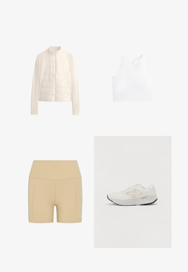 Pufferjacka i krämfärg, med hög krage, full dragkedja fram och ribbade ärmar. Tillverkad av lätt, slätt material med kviltad textur.; Vit atletisk crop top med hög halsringning och dubbla korsade band på baksidan, med en slät och elastisk tygtextur.; Beige stretchiga shorts med hög midja, slät yta och enkel design. Har diskret sömnad och en liten logotyp på sidan.; Vit sportskor med mesh-överdel, vadderad krage och en tjock, strukturerad sula. Har en ljusgrå accent och "New Balance"-logotypen på sidan.