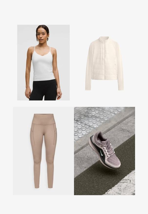 Pufová bunda v krémovej farbe s vysokým golierom, plným zipsom a rebrovanými rukávmi. Vyrobená z ľahkého, hladkého materiálu s prešitým vzorom.; Biely top s tenkými ramienkami, dizajnom do V, a priliehavým strihom. Hladká textúra, minimálne detaily, nosený s čiernymi legínami.; Béžové športové legíny s vysokým pásom, ktoré majú dve bočné vrecká a hladký, elastický materiál. Jemný detail loga v sivej farbe.; Svetlo fialová športová obuv s prešívanou textúrou, čiernymi bočnými akcentmi a bielym logom. Obsahuje šnúrky a polstrovanú podrážku pre pohodlie.