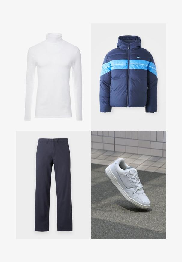 Giubbotto imbottito blu navy con cappuccio, caratterizzato da due strisce orizzontali azzurre sulla parte anteriore. Chiusura con zip e texture trapuntata.; Maglietta a maniche lunghe bianca con collo alto, realizzata in tessuto morbido e elasticizzato. Presenta un colletto alto e un design aderente, che offre una silhouette slanciata.; Pantaloni dritti blu scuro realizzati in un tessuto misto cotone. Presentano una chiusura frontale con bottone, passanti per cintura e due tasche laterali.; Sneaker bianca in pelle con lati perforati, accenti testurizzati, lacci piatti e tallone grigio a contrasto. Presenta una suola leggermente elevata.