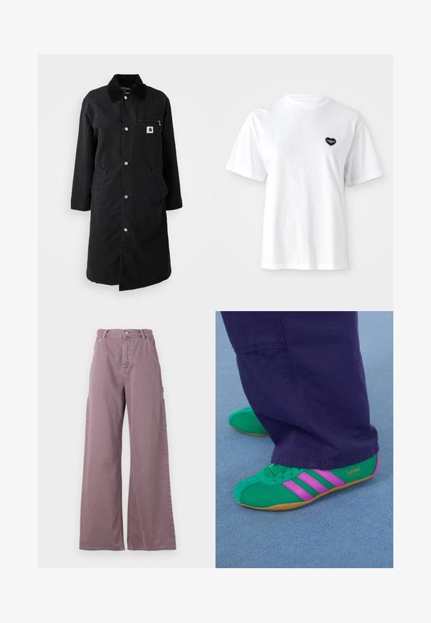 Casaco longo preto com botões de pressão, gola de veludo, bolso de peito com fecho éclair e dois bolsos laterais, vista frontal em fundo branco.; T-shirt branca de algodão com gola redonda e mangas curtas. Apresenta um pequeno logótipo preto em forma de coração no lado esquerdo do peito.; Calças largas em algodão rosa poeirento, com fecho frontal por botão, bolsos laterais e detalhes cosidos ao longo das costuras.; Ténis desportivos em camurça verde e roxa com três riscas de destaque e sola de borracha, combinados com calças roxas, sobre uma superfície azul suave.