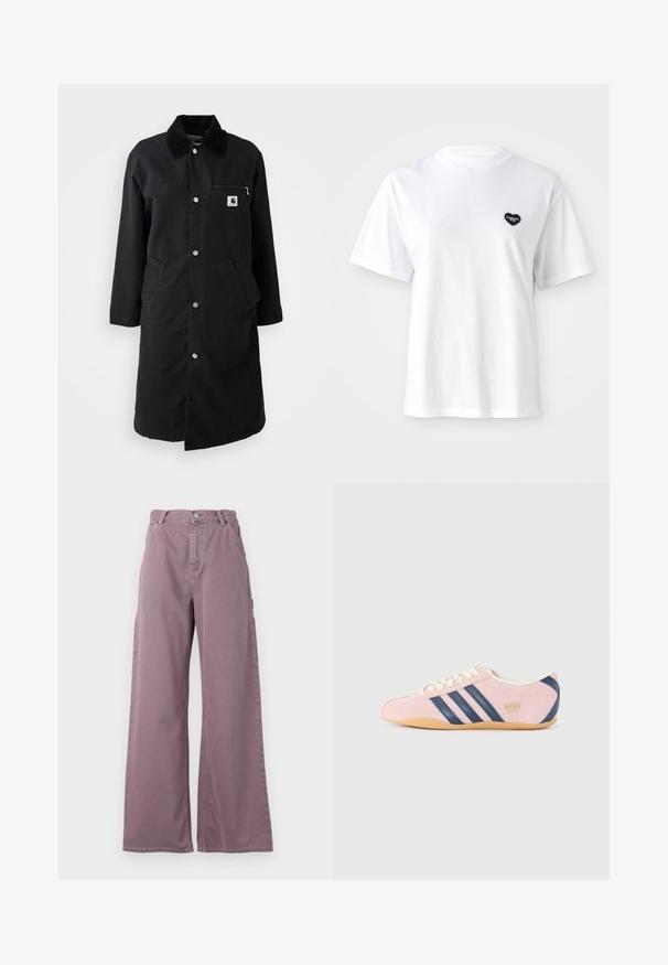 Mustvalge pikad nööbiga mantel, korgitserkrae, tõmblukuga rinna-tasku ja kaks küljetaskut, esivaatamine valgel taustal.; Valge lühikeste varrukatega T-särk, mis on valmistatud puuvillast, ja mille vasakul rinnal on väike must südametäie logo.; Laiad püksid tolmuses mauve puuvillas, ees nupuga kinnitamine, küljetaskud ja õmbluste mööda jäetud detailid.; Heled roosa nahast tossud mereväe siniste triipude ja aktsentidega. Omab heledat kreemjat keelt ja paelu ning kummist tallat.