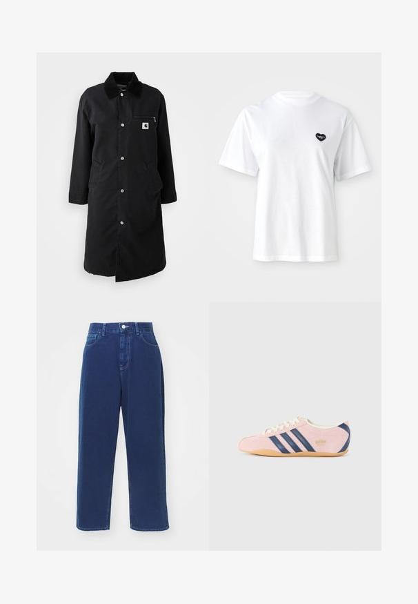 Sort lang frakke med trykknapper, fløjlskrave, lynlåslomme på brystet og to sidelommer, set forfra på hvid baggrund.; Hvid kortærmet t-shirt lavet af bomuld, med et lille sort hjerteformet logo på venstre brystområde.; Marineblå vidde jeans i bomuldsstof, med høj talje, frontlommer og kontrastsyet detaljer.; Lyserøde sneakers lavet af ruskind med marineblå Striber og detaljer. Har en lys cremefarvet tunge og snørebånd, samt en gummisål.