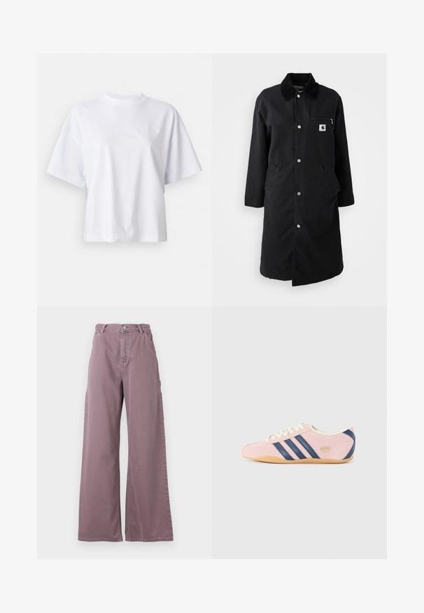 Black long coat with snap buttons, corduroy collar, zippered chest pocket, and two side pockets, front view on white background.; White cotton t-shirt with a relaxed fit, short sleeves, and a ribbed crew neckline. Features subtle branding on the chest.; Wide-leg pants in dusty mauve cotton, featuring a front button closure, side pockets, and stitched detailing along the seams.; Light pink sneaker made of suede with navy blue stripes and accents. Features a light cream tongue and laces, with a gum rubber sole.