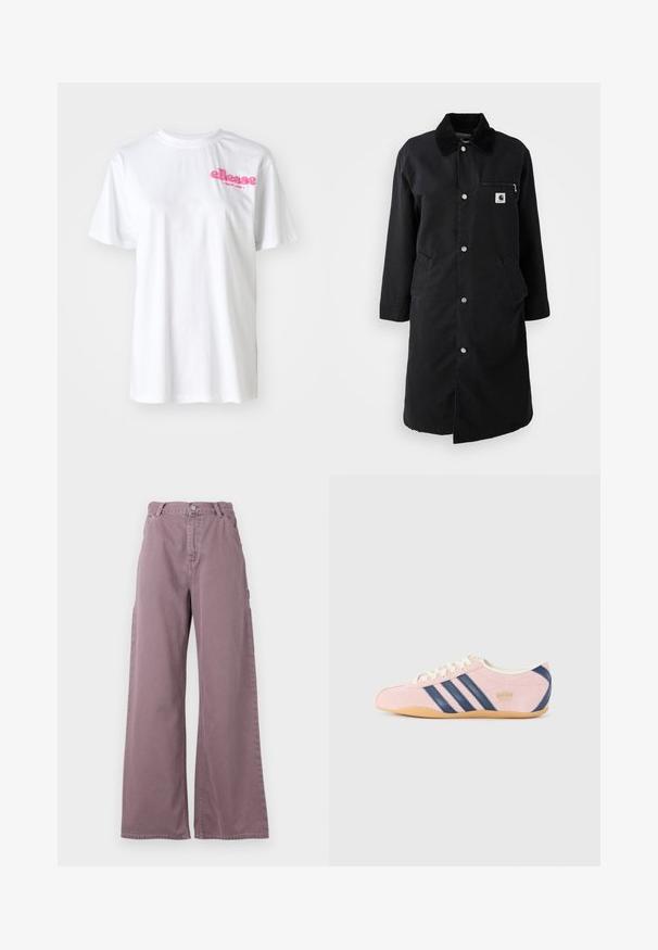 Casaco longo preto com botões de pressão, gola de veludo, bolso de peito com fecho éclair e dois bolsos laterais, vista frontal em fundo branco.; T-shirt branca de algodão com mangas curtas, apresentando um logo rosa "ellesse" no peito. Design clássico de gola redonda.; Calças largas em algodão rosa poeirento, com fecho frontal por botão, bolsos laterais e detalhes cosidos ao longo das costuras.; Sapatilha rosa-clara feita de camurça com riscas e detalhes azul-marinho. Apresenta uma língua e atacadores em creme claro, com uma sola de borracha de cor caramelo.
