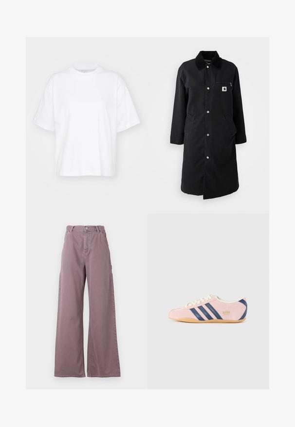 Melna gara mēteli ar spiedpogām, korduroja apkakli, rāvējslēdzēja krūšu kabatu un divām sānu kabatām, priekšskats uz balta fona.; Balts kokvilnas T-krekls ar apaļu kakla izmēru, īsām piedurknēm un brīvu piegriezumu. Piedāvā diskretu logo kreisajā krūtī. Gluda tekstūra.; Gantas bikses dusts rozā kokvilnā, ar priekšējo pogu aizdari, sānu kabatām un izšūtu detalizāciju gar šuvēm.; Gaiši rozā sporta apavi, izgatavoti no zamšādas, ar tumši ziliem svītrām un akcentiem. Ievērojams ar gaiši krēmīgu mēli un šņorēm, kā arī gumijas zoli.