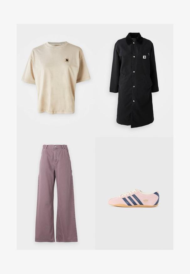 Cappotto lungo nero con bottoni a scatto, colletto in corduroy, tasca sul petto con zip e due tasche laterali, vista frontale su sfondo bianco.; T-shirt in cotone beige con vestibilità comoda, scollo rotondo, maniche corte e un piccolo logo quadrato sulla parte sinistra del petto.; Pantaloni a gamba larga in cotone color mauve polveroso, con chiusura anteriore a bottone, tasche laterali e dettagli cuciti lungo le cuciture.; Sneaker rosa chiaro in suede con strisce e accenti blu navy. Presenta una linguetta e lacci color crema chiaro, con una suola in gomma.