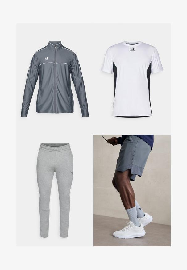 Grå idrottsjacka med dragkedja framtill, hög krage, vita detaljer längs axlarna och långa ärmar. Tillverkad av ett smooth och stretchigt material.; Under Armour CHALLENGER PRO SS - T-shirt till träning - white/black; Grå sweatpants med en strukturerad tyg, elastisk midja och figurnära passform. Har vita sidopaneler och en liten logotyp på låret.; Vita atletiska skor med texturerad meshöverdela, kombinerat med ljusblå räfflade strumpor med en logotyp. Grå atletiska shorts med perforerad kant.