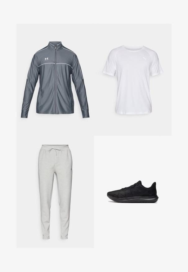Grau atletische Jacke mit Reißverschluss vorne, hohem Kragen, weißen Akzenten an den Schultern und langen Ärmeln. Hergestellt aus glattem, dehnbarem Material.; Weißes, kurzärmliges Sportshirt mit glatter Textur. Es hat einen runden Ausschnitt und ein kleines Logo in einer hellen Farbe auf der linken Brust.; Hellgraue Jogginghosen aus weichem Material, ausgestattet mit einem elastischen Bund mit Kordelzug, Seitentaschen und schmal zulaufenden Beinen.; Schwarze Sportschuhe mit einem strukturierten Mesh-Obermaterial, flachen Schnürsenkeln, gepolsteter Sohle und einer stromlinienförmigen Silhouette mit minimalem Branding.