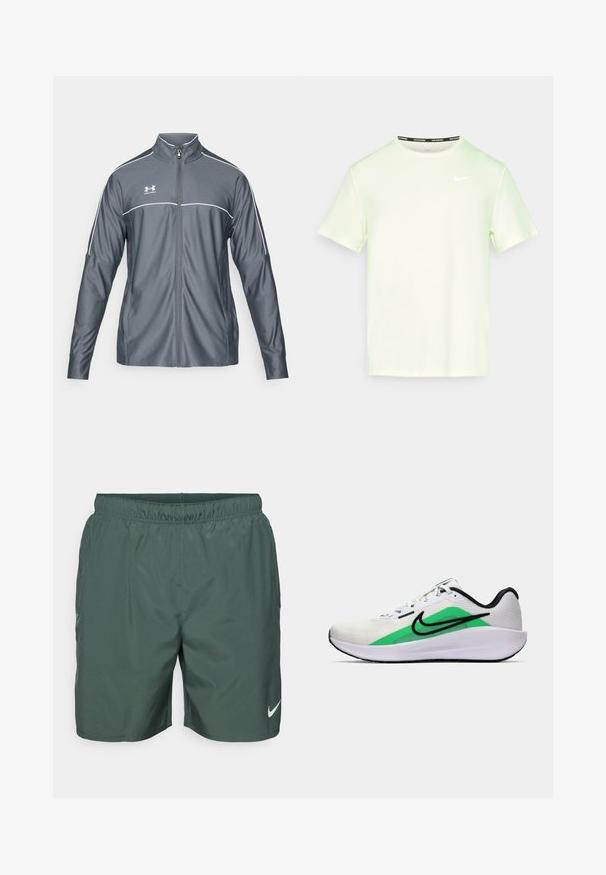 Harmaa urheilutakki, jossa on vetoketjukiinnitys, korkea kaulus, valkoiset koristeet olkapäillä ja pitkät hihat. Valmistettu sileästä, joustavasta materiaalista.; Vaaleanvihreä Nike-t-paita, jossa on lyhyet hihat, pyöreä kaula-aukko ja pieni valkoinen logo rintamuksessa. Sileä, kevyt kangas.; Nike Performance CHALLENGER SHORT - Urheilushortsit - vintage green/bicoastal/black/silver; Valkoinen urheilukenkä, jossa on vihreä yksityiskohta, musta logo, verkkomateriaali päälliosassa, pehmustettu pohja ja pyöreä korko. Sisältää nauhat ja kontrastiväriä.