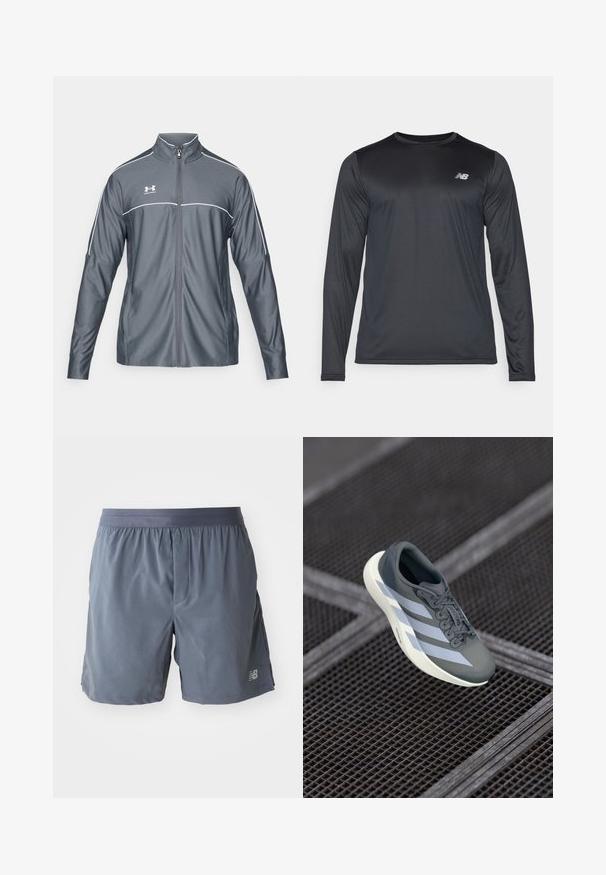 Grå atletisk jakke med lynlås foran, høj krave, hvide detaljer langs skuldrene og lange ærmer. Fremstillet af glat, strækbart materiale.; Langærmet sportshem i sort, lavet af glat, letvægtsstof med en subtil tekstur. Har et lille logo på den øverste venstre bryst.; Herre træningsshorts i mørkegrå, lavet af letvægtsmateriale. Har en elastisk talje og et lille logo på det nederste ben.; Sportssko i grå og hvid, lavet af syntetisk materiale, med et strømlinet design, tekstureret overflade og fremtrædende snøresystem.
