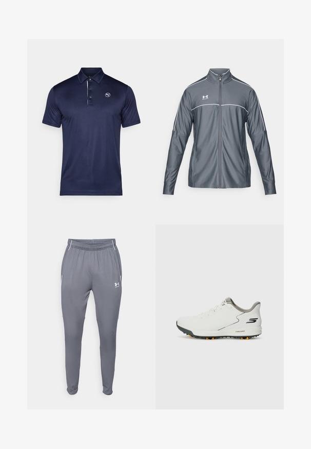 Šedá atletická bunda so zipsom vpredu, vysokým golierom, bielymi akcentmi pozdĺž ramien a dlhými rukávmi. Vyrobená z hladkého, elastického materiálu.; Námornícky modrá polo tričko z hladkého, priedušného materiálu so zapínaním na tri gombíky a logom na ľavej strane hrude. Krátke rukávy.; Šedé športové nohavice s elastickým pásom, bočnými vreckami a bielymi akcentmi. Vyrobené z hladkého, ľahkého materiálu.; Biele športové topánky s hladkým zvrškom, sivými akcentmi a textúrovanou čiernou podrážkou s oranžovými hrotmi. Ľahká konštrukcia zameraná na pohodlie.