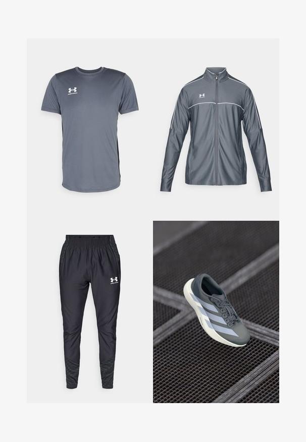Gray athletic jacket with a zip front, high collar, white accents along the shoulders, and long sleeves. Made from smooth, stretchable material.; Gray athletic t-shirt with short sleeves. Features a round neckline and a white Under Armour logo on the front left chest. Smooth texture.; Under Armour PRO PANT - Tracksuit bottoms - black/white; Sport shoe in gray and white, made of synthetic material, with a streamlined design, textured finish, and prominent lacing system.