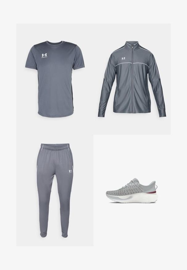 Harmaa urheilutakki, jossa on vetoketjukiinnitys, korkea kaulus, valkoiset koristeet olkapäillä ja pitkät hihat. Valmistettu sileästä, joustavasta materiaalista.; Harmaa urheilupaita lyhyillä hihoilla. Ominaisuuksiin kuuluu pyöreä kaula-aukko ja valkoinen Under Armour -logo vasemmassa rinnassa. Sileä pinta.; Harmaat urheiluhousut, joissa on joustava vyötärö, sivutaskut ja valkoiset yksityiskohdat. Valmistettu sileästä, kevyestä materiaalista.; Harmaa juoksukengä, jossa on verkkomateriaali, punaisia yksityiskohtia, paksu valkoinen pohja ja teksturoitu pinta pidon parantamiseksi.