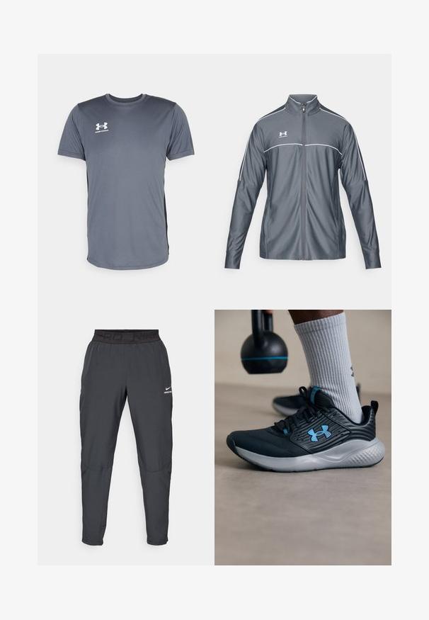 Gray athletic jacket with a zip front, high collar, white accents along the shoulders, and long sleeves. Made from smooth, stretchable material.; Gray athletic t-shirt with short sleeves. Features a round neckline and a white Under Armour logo on the front left chest. Smooth texture.; Nike Pro pants in dark gray, featuring a black elastic waistband with "PRD" and "NIKE PRO" text, smooth fabric, tapered design, and subtle stitching details.; Black athletic shoe with blue accents, textured upper, and gray sole. Worn with gray ribbed socks, beside a black kettlebell.