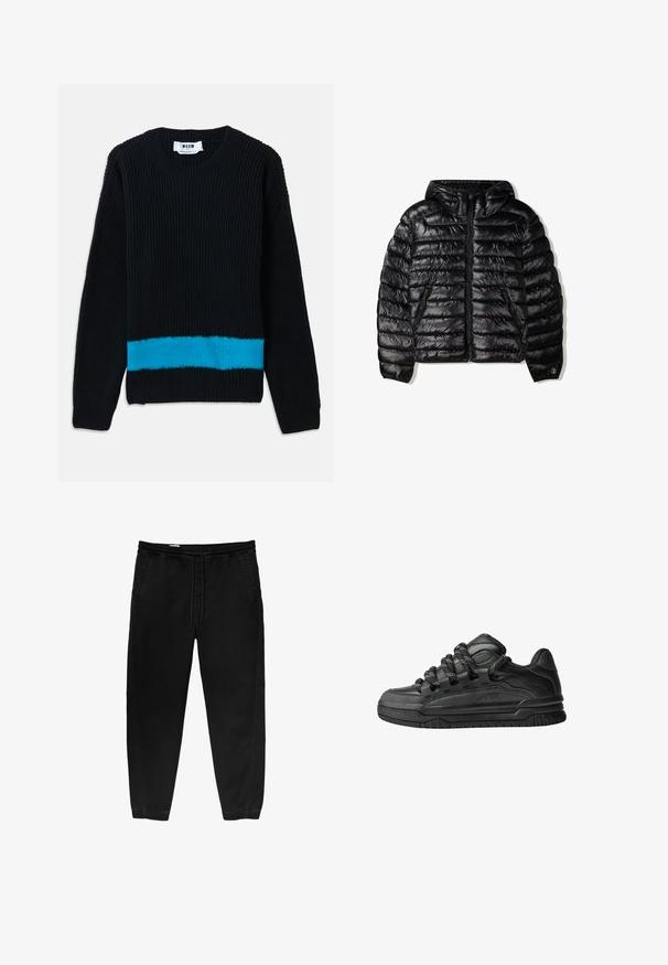 Crna puffer jakna s kapuljačom, sa kvadratnim dizajnom, zatvaranjem na patentni zatvarač i dva bočna džepa. Napravljena od glatkog, sjajnog materijala.; Crna pletena majica s rebrastom teksturom, s horizontalnom tirkiznom prugom na dnu. Klasični roud ovratnik i dugi rukavi.; Crne hlače s elastikom u struku i vezicom, sužene nogavice, bočne džepove i suptilne detalje šivanja s strane. Mekana pamučna tkanina.; Crne tenisice s glatkom kožnom gornjom površinom, teksturiranim detaljima i okruglim crnim i bijelim vezicama. Debeli gumeni potplat s uzorkom.