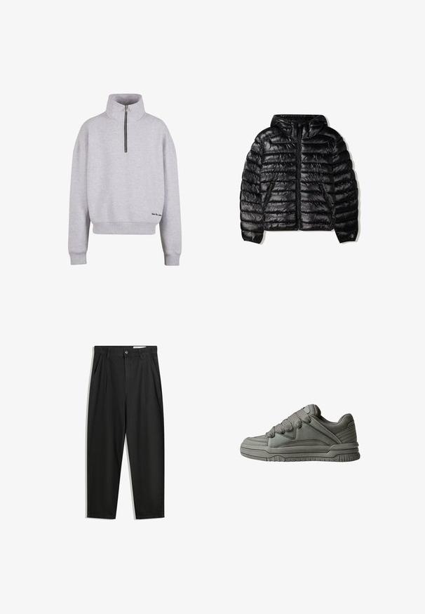 Giubbotto imbottito nero con cappuccio, con design trapuntato, chiusura con zip e due tasche laterali. Realizzato in un materiale liscio e lucido.; Felpa grigia chiara con colletto alto, chiusura a quarto di zip e polsini a coste. Presenta un piccolo accento ricamato nero vicino all'orlo.; Pantaloni in cotone neri con una vestibilità rilassata, dotati di una vita classica, pieghe frontali e tasche laterali. Tessuto liscio senza fantasie.; Scarpa sportiva grigia con tomaia in pelle testurizzata e rete, suola in gomma spessa e linguetta e lati ben imbottiti. Includono lacci e dettagli laterali.