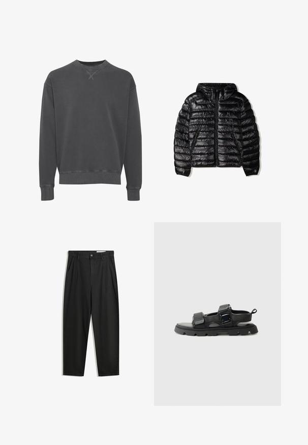 Črna pufi jakna s kapuco, z prešito zasnovo, zadrgo in dvema stranskima žepoma. Narejena iz gladkega, sijočega materiala.; Temno siva crewneck sweatshirt iz mešanice bombaža, z rebrastimi manšetami in robom, teksturirano površino in subtilnimi detajli šivanja.; Črne bombažne hlače s sproščenim krojem, ki vključujejo klasičen pas, sprednje gube in stranske žepke. Gladka tekstura brez vzorcev.; Črne sandale z zgornjim delom iz teksturirane tkanine, širokimi trakovi, podrobnostmi iz kovinske zaponke in debelim gumijastim podplatom z vzorcem čebeljih satov.