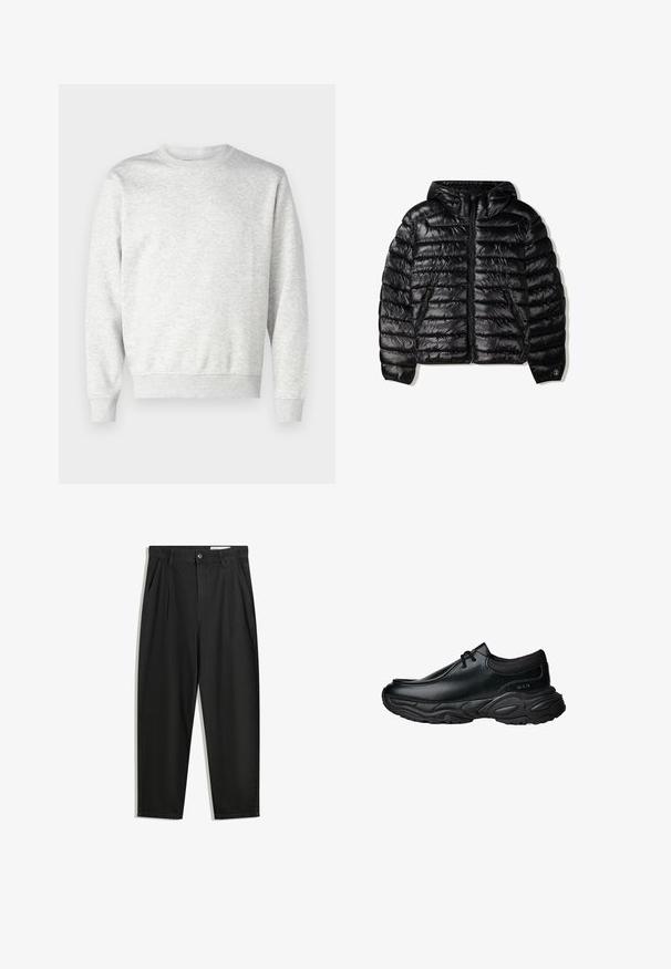 Doudoune noire avec capuche, dotée d'un design matelassé, d'une fermeture éclair et de deux poches latérales. Fabriquée dans un matériau lisse et brillant.; Sweatshirt gris en tissu doux. Présente un col rond, des manches longues, des poignets côtelés et un ourlet côtelé. Design simple et sans ornement.; Pantalon en coton noir avec une coupe décontractée, dotés d'une taille classique, de plis à l'avant et de poches latérales. Texture lisse sans motifs.; Chaussures en cuir noir à enfiler avec un bout arrondi et une semelle en caoutchouc texturée épaisse. Présente des coutures discrètes et des accents élastiques au niveau du col.