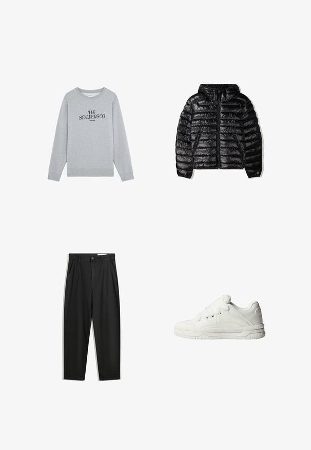 Mustat puffatakki hupulla, jossa on tikattu muotoilu, vetoketjusuljin ja kaksi sivutaskua. Valmistettu sileästä, kiiltävästä materiaalista.; Harmaa puuvillaneule, jossa on pyöreä pääntie, pitkät hihat ja ribbireunat. Siinä on musta teksti: "THE SCALPERS CO. ATELIER."; Mustat puuvillahousut rentoa mallia, joissa on klassinen vyötärö, etukangastukset ja sivutaskut. Sileä pinta ilman kuvioita.; Valkoiset lenkkarit, joissa on sileä nahkaulkopinta, pehmustettu kieli, litteät nauhat ja teksturoidut yksityiskohdat sivuilla ja kantapäällä.