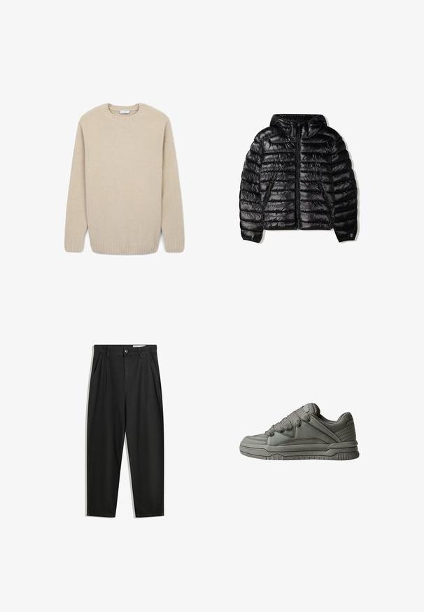 Schwarze Daunenjacke mit Kapuze, mit gestepptem Design, Reißverschluss und zwei Seitentaschen. Hergestellt aus einem glatten, glänzenden Material.; Helle beige Strickpullover mit Rundhalsausschnitt, gerippten Bündchen und Saum. Weiche Textur, Pullover-Stil und lockere Passform.; Schwarze Baumwollhose mit lockerem Schnitt, ausgestattet mit einem klassischen Bund, vorderen Falten und Seiten taschen. Glatte Textur ohne Muster.; Grau Sport-Schuh mit strukturiertem Leder- und Mesh-Obermaterial, dickem Gummisohle sowie auffälliger gepolsterter Zunge und Seiten. Schnürsenkel und seitliche Akzente inklusive.