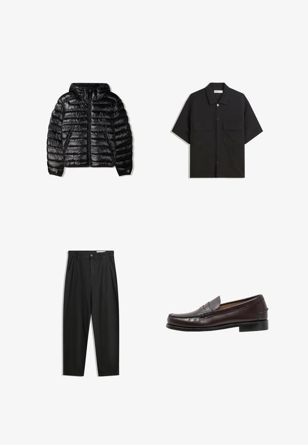 Črna pufi jakna s kapuco, z prešito zasnovo, zadrgo in dvema stranskima žepoma. Narejena iz gladkega, sijočega materiala.; Črna kratkotrajna srajca iz tkanine z gladko teksturo, ima dve sprednji žepki, klasičen ovratnik in zapiranje na gumb.; Črne bombažne hlače s sproščenim krojem, ki vključujejo klasičen pas, sprednje gube in stranske žepke. Gladka tekstura brez vzorcev.; Sebago CLASSIC DAN - Elegantni čevlji brez vezalk - cordo