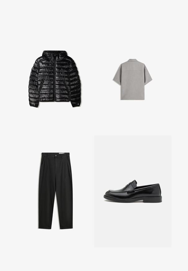 Black puffer jacket with a hood, featuring quilted design, zipper closure, and two side pockets. Made from a smooth, shiny material.; Bershka SHORT SLEEVE TAILORED - Shirt - dark grey; Black cotton trousers with a relaxed fit, featuring a classic waistband, front pleats, and side pockets. Smooth texture without patterns.; Black leather loafers with a rounded toe, stitched detail across the vamp, and a flat rubber sole for traction. Smooth texture throughout.