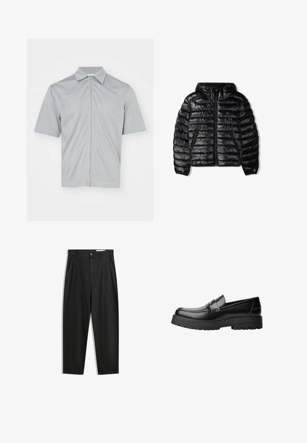 Giubbotto imbottito nero con cappuccio, con design trapuntato, chiusura con zip e due tasche laterali. Realizzato in un materiale liscio e lucido.; Giacca sportiva a maniche corte grigio chiaro realizzata in tessuto a rete traspirante, con zip frontale e colletto a punte.; Pantaloni in cotone neri con una vestibilità rilassata, dotati di una vita classica, pieghe frontali e tasche laterali. Tessuto liscio senza fantasie.; Mocassino in pelle nera con suola spessa e tassellata e fascia decorativa sulla parte superiore, mostrato in profilo sinistro su sfondo bianco.