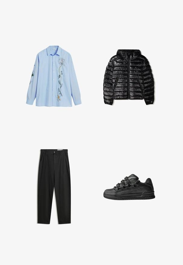 Fekete pufferdzseki kapucnival, steppelt dizájnnal, cipzáras záródással és két oldalsó zsebbel. Sima, fényes anyagból készült.; Világoskék, gombos ing, különböző színű virágmintákkal a frontján és az ujjakon. Puha anyagból készült, laza fazonnal.; Fekete pamut nadrág laza szabással, klasszikus derékrésszel, elülső hajtásokkal és oldalsó zsebekkel. Simább textúra minta nélkül.; Fekete sportcipők sima bőrből készült felső résszel, struktúrált kiegészítőkkel, valamint kerek fekete és fehér fűzőkkel. Vastag gumitalp mintázott bordázattal.