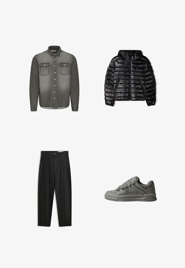 Czarna kurtka puchowa z kapturem, z pikowanym wzorem, zamkiem błyskawicznym oraz dwoma bocznymi kieszeniami. Wykonana z gładkiego, błyszczącego materiału.; Szara koszula denimowa z kołnierzykiem zapinanym na guziki, długimi rękawami, dwiema kieszeniami na piersi oraz srebrnymi akcentami. Zszyty wzór gradientu w odcieniach wyblakłych.; Czarne bawełniane spodnie o luźnym kroju, z klasycznym pasem, przednimi plisy oraz bocznymi kieszeniami. Gładka struktura, bez wzorów.; Szare buty sportowe z teksturowanej skóry i siateczki, gruba gumowa podeszwa oraz wyraźnie wyściełany język i boki. Zawierają sznurowadła i akcenty po bokach.