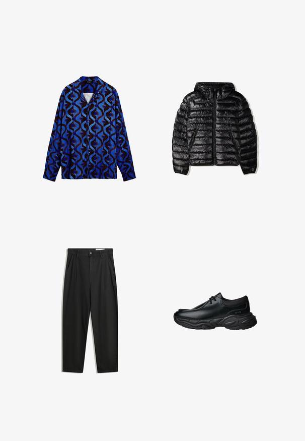 Zwarte pufferjack met capuchon, voorzien van een gelamineerd ontwerp, ritsluiting en twee zijzakken. Gemaakt van een gladde, glanzende stof.; Blauw en bruin gestreept shirt met een kraag, met golvende ontwerpen en bloemaccenten. Lange mouwen en knoopsluiting.; Zwarte katoenen broeken met een losse pasvorm, voorzien van een klassieke tailleband, voorplooien en zijzakken. Gladde structuur zonder patronen.; Zwarte leren instapschoenen met een ronde neus en een dikke, gestructureerde rubberen zool. Bevat subtiele stiksels en elastische accenten bij de kraag.