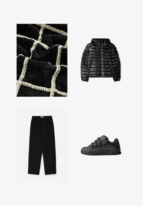 Černá nafukovací bunda s kapucí, která má prošívaný design, zipové zapínání a dvě boční kapsy. Vyrobena z hladkého, lesklého materiálu.; Černá texturovaná deka s tkaným krémovým mřížkovým vzorem, se zvýšenými květinovými motivy a měkkým, hebkým povrchem.; Černé kalhoty s širokými nohavicemi vyrobené z lehkého materiálu. Mají elastický pas a hladkou texturu. Bez viditelných vzorů nebo kovových detailů.; Černé tenisky s hladkým koženým svrškem, texturovanými akcenty a kulatými černobílými tkaničkami. Silná gumová podrážka s vzorovaným dezénem.