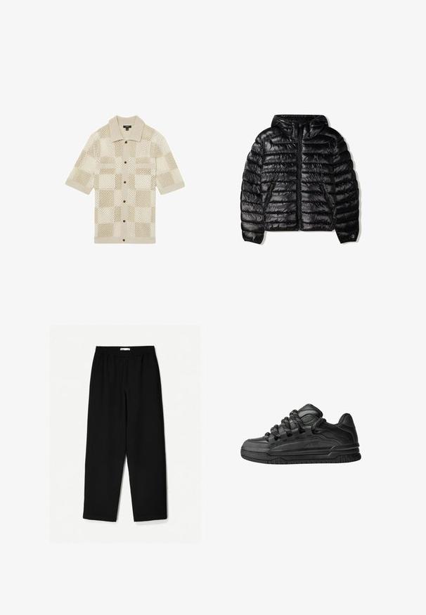 Čierna zateplená bunda s kapucňou, s prešívaným dizajnom, so zipsom a dvoma bočnými vreckami. Vyrobená z hladkého, lesklého materiálu.; Béžová košeľa s krátkym rukávom, pletená s kockovaným vzorom. Má golier, dve predné vrecká a hnedé gombíky. Mäkka textúra.; Čierne nohavice s širokými nohavicami vyrobené z ľahkej tkaniny. Majú elasticitu v páse a hladký povrch. Bez viditeľných vzorov alebo kovania.; Čierne tenisky s hladkým koženým zvrškom, štruktúrovanými akcentami a okrúhlymi čierno-bielymi šnúrkami. Hrubá gumená podrážka s vzorovaným dezénom.