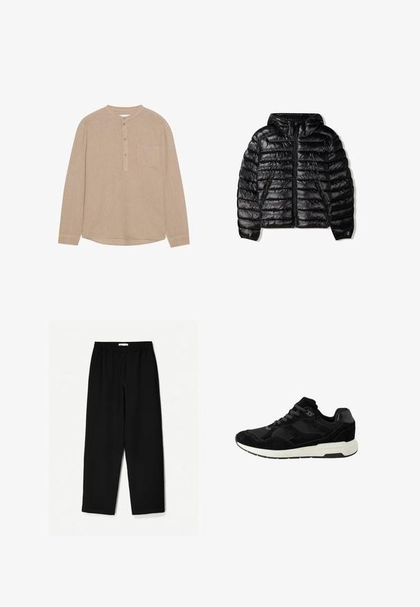 Czarna kurtka puchowa z kapturem, z pikowanym wzorem, zamkiem błyskawicznym oraz dwoma bocznymi kieszeniami. Wykonana z gładkiego, błyszczącego materiału.; Beżowa koszula z długim rękawem, z dekoltem henley, z zapięciem na guziki, kieszonką na lewym piersi, miękką fakturą i zaokrąglonym dołem.; Czarne, szerokie spodnie wykonane z lekkiego materiału. Posiadają elastyczny pasek w talii oraz gładką teksturę. Brak widocznych wzorów czy elementów metalowych.; Czarny but sportowy wykonany z zamszu i siateczki, z okrągłym noskiem, sznurowanym zapięciem i białą gumową podeszwą z teksturowymi akcentami.