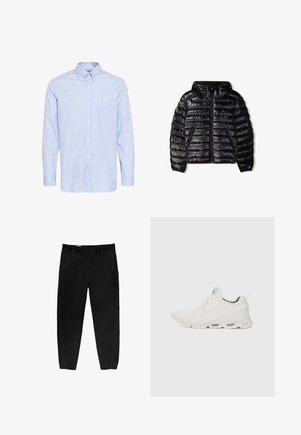 Čierna zateplená bunda s kapucňou, s prešívaným dizajnom, so zipsom a dvoma bočnými vreckami. Vyrobená z hladkého, lesklého materiálu.; Svetlosmodrá košeľa s dlhým rukávom a gombíkmi, s bielymi vertikálnymi pruhmi a jednou náprsníkovou vreckom. Má klasický golier a gombíkové manžety.; Čierne nohavice s elastickým pásom a šnúrkou na stiahnutie, so zúženými nohavicami, bočnými vreckami a jemnými detailmi švov na boku. Mäkká textúra bavlnenej tkaniny.; Biele športové topánky so štruktúrovaným pleteným zvrškom, plochými šnúrkami a odpruženou podrážkou s viditeľnými vzduchovými komorami pre dodatočnú podporu.